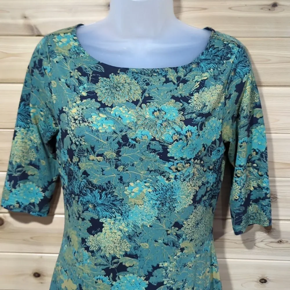 Peruvian Connection Dress Womens‎ XS Blue Green Pima Cotton Shift Midi